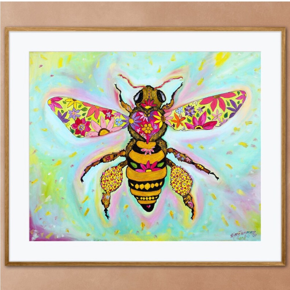Whimsical Honeybee Art Print Oil Painting colorful flowers wings boho home decor